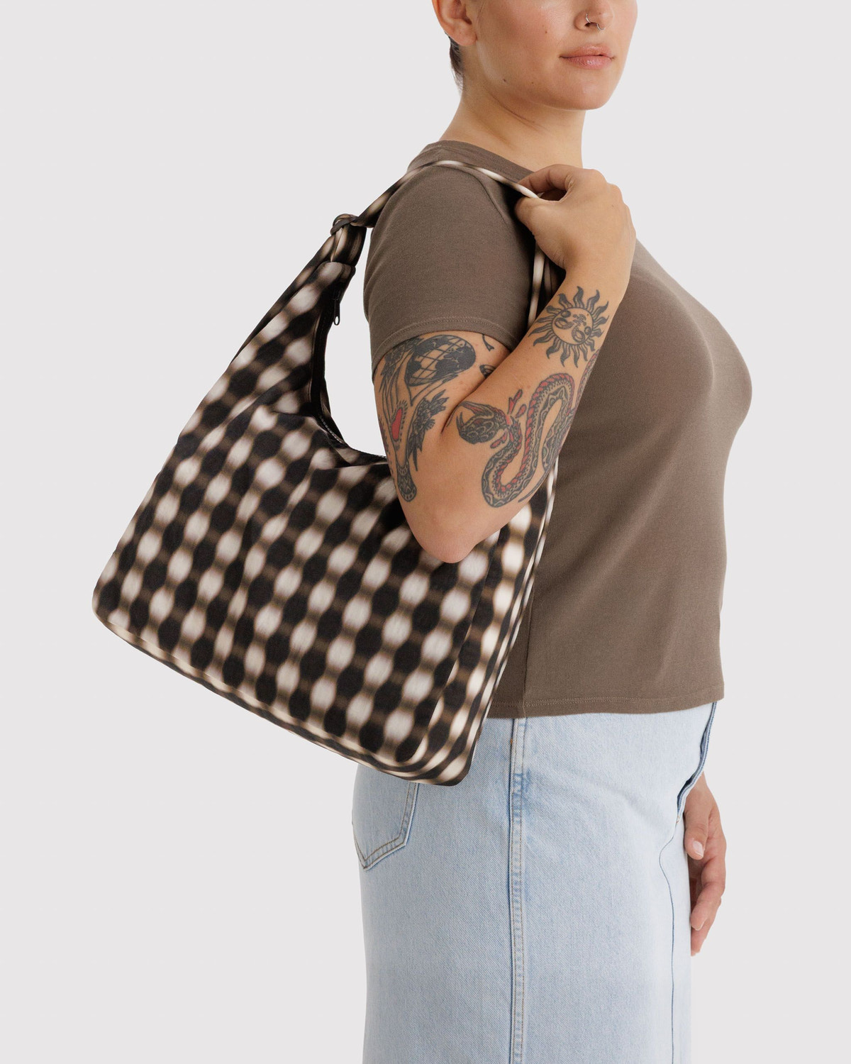 Nylon Shoulder Bag Blurred Gingham Brown - Baggu - Image 2