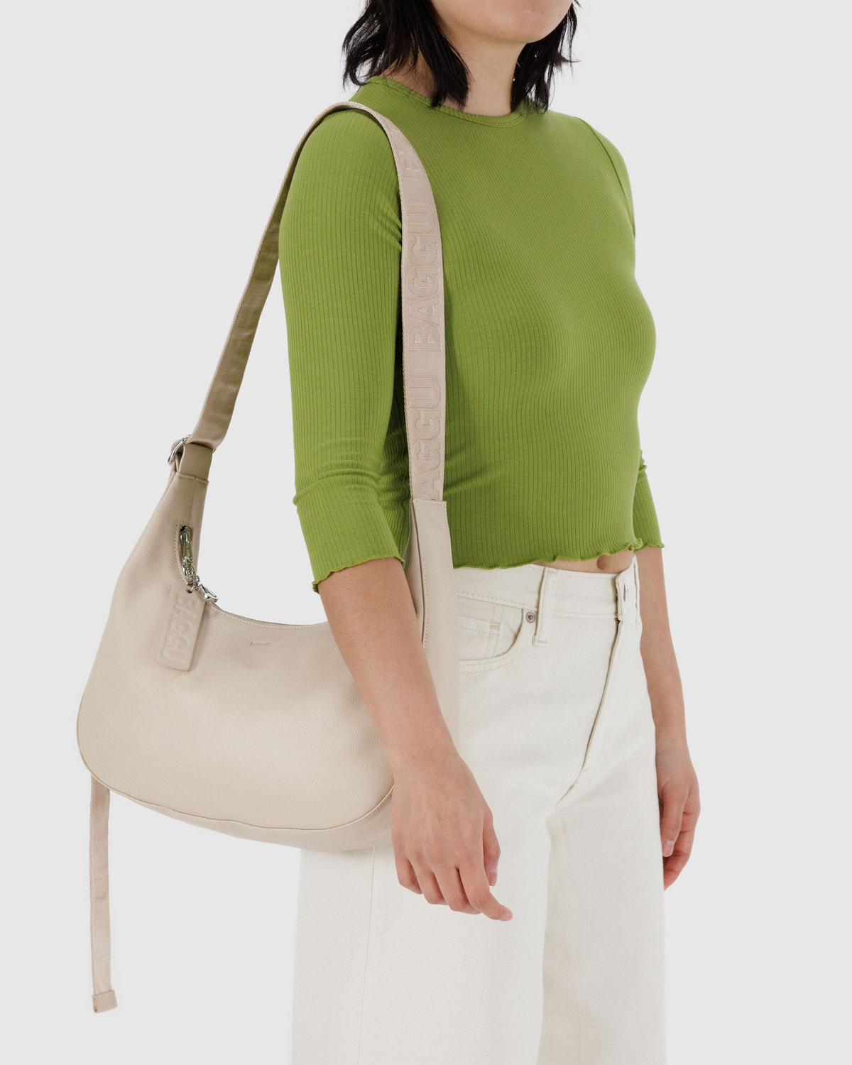 Medium Recycled Leather Crescent Bag Stone - Baggu - Image 3