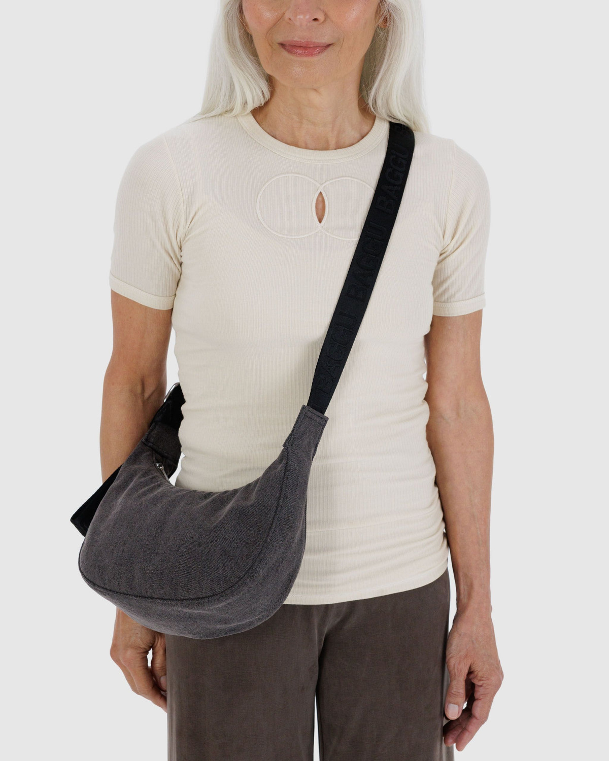 Small Denim Crescent Bag Washed Black Denim - Baggu - Image 2